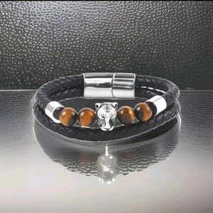 Genuine Leather Tiger's Eye Stainless Steel Panther Bracelet